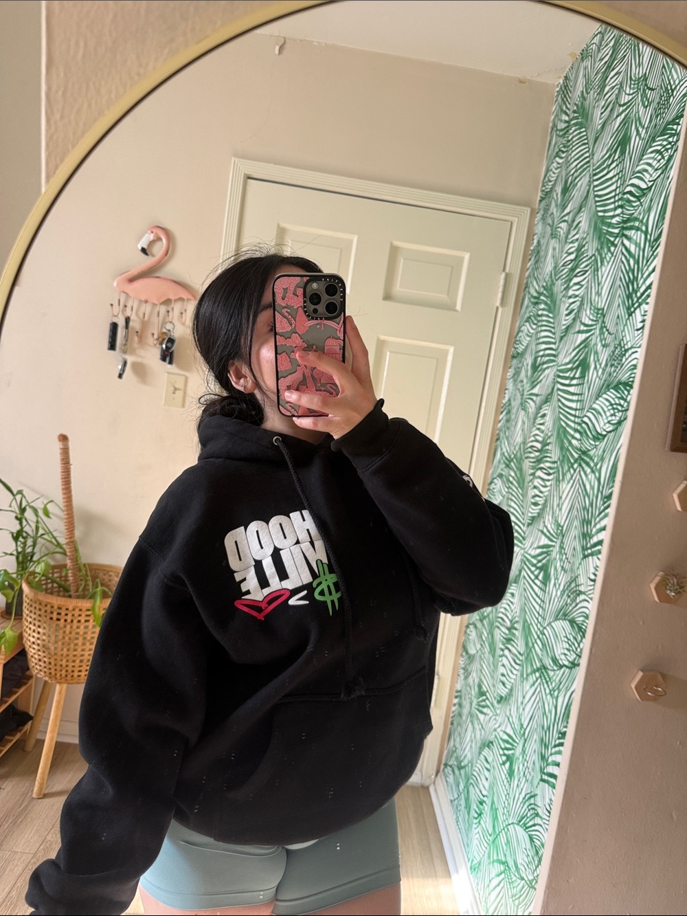 Black Graphic Hoodie with Logo Print - Women